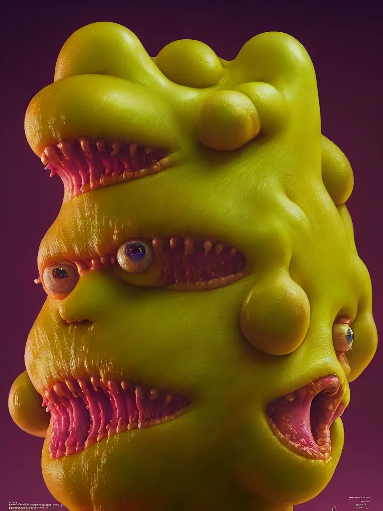 Prompt: hyperrealistic rendering, fat smooth cronenberg flesh monster spongebob by donato giancola and greg rutkowski and wayne barlow and zdzisław beksinski, product photography, action figure, sofubi, studio lighting, colored gels, colored background