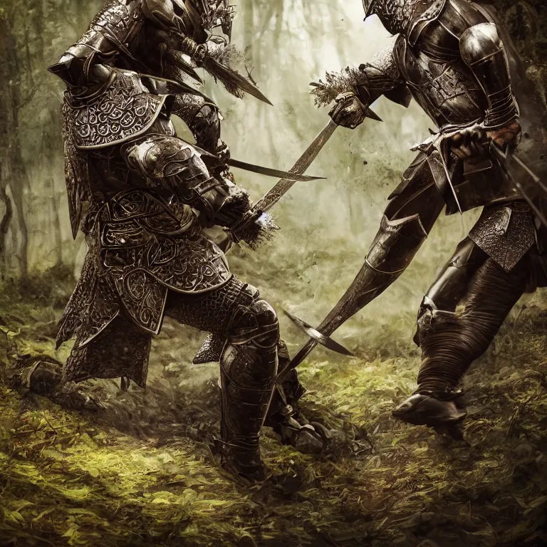 Image similar to knight fighting man with sword in forest, highly detailed, smooth, sharp focus, portrait, concept art, intricate details, fantasy poster, dark athmosphere, 8 k. lifelike. nikon d 8 5 0