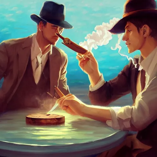 Prompt: a painting of smoking a cuban cigar while a fedora sitting in a secret underwater base by Krenz Cushart, high detail, concept art, artstation, 8k