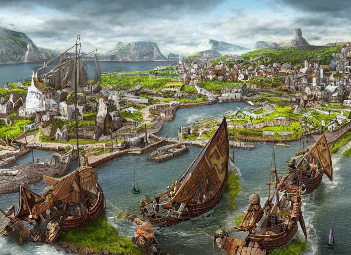 Prompt: a viking busy capital city with a harbor and viking ships in summer, lush vegetation, vikings, trading, ultra detailed, realistic, lost civilizations, masterpiece, 4 k, highly detailed, digital painting, artstation, concept art, sharp focus, illustration, art by j. c. dahl, hans gude and adolph tidemand