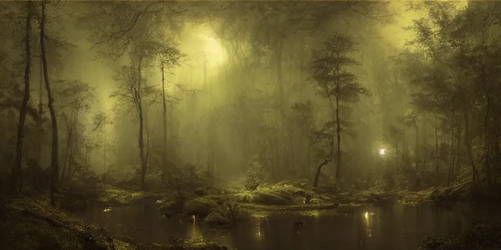Image similar to [ a dark scene of a dense forest at night with a stream through it, moonlight through trees ], andreas achenbach, artgerm, mikko lagerstedt, zack snyder, tokujin yoshioka