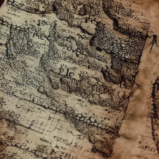 Prompt: blood and black ink spilled on an old treasure map.