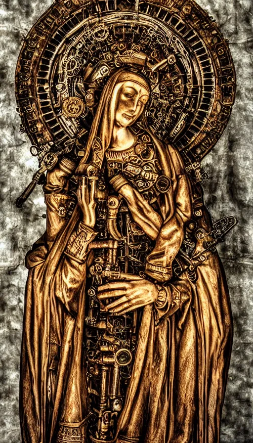 Prompt: steampunk virgin mary, religious imagery, rusty pipes and guages, backlit, intricate detail, high definition