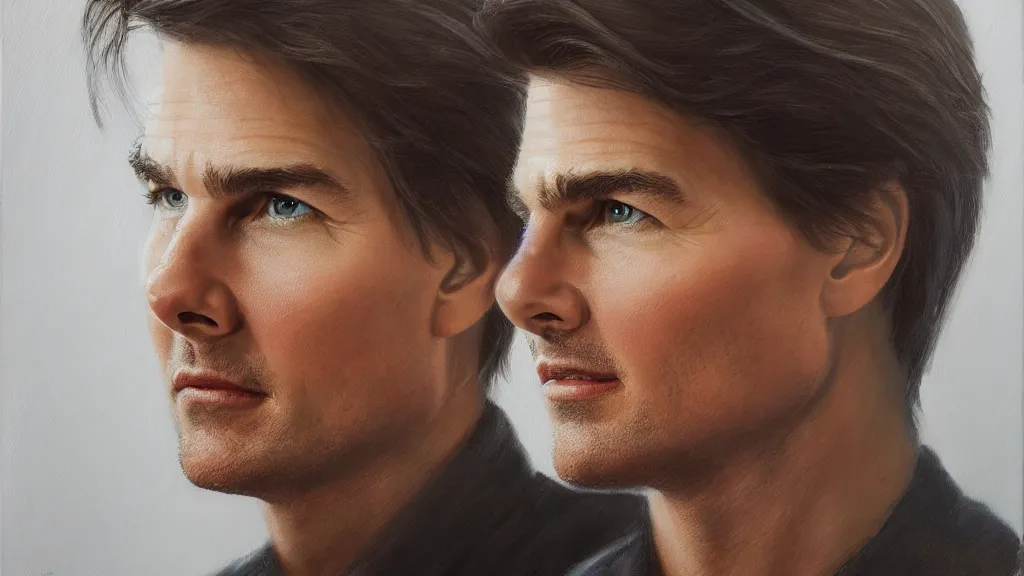 Image similar to The most beautiful studio portrait of Tom Cruise in the world; trending on artstation; oil on canvas; correct face; extraordinary masterpiece!!!!!!; 8k