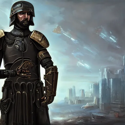 Image similar to portrait of a roman soldier wearing armor, cyberpunk rifle at his side, cinematic, painting