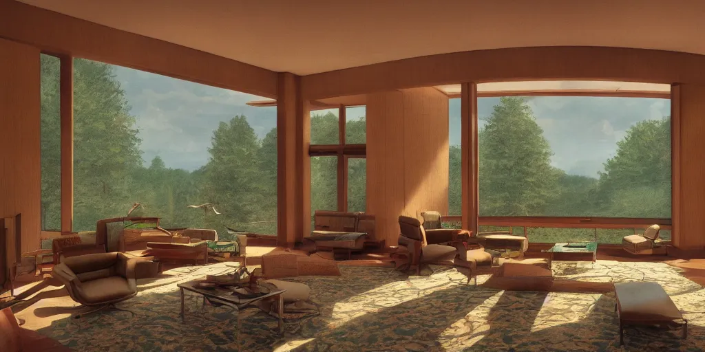 Prompt: nicely furnished living room of insanely wealth man's frank lloyd wright style mansion, large windows letting in a lot of natural light, maine forest outside, game concept art, steven king, 1980s, retro, highly detailed, artstation, wide angle lens