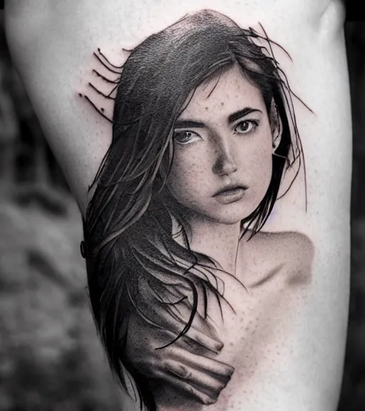 Image similar to a beautiful girl portrait, faded mountain background, realism tattoo, in the style of den yakovlev, black and white, hyper realistic, highly detailed