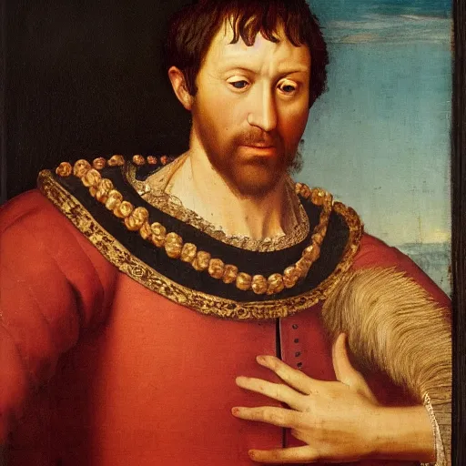 Prompt: a renaissance style portrait painting of The gentleman with the hand on his chest