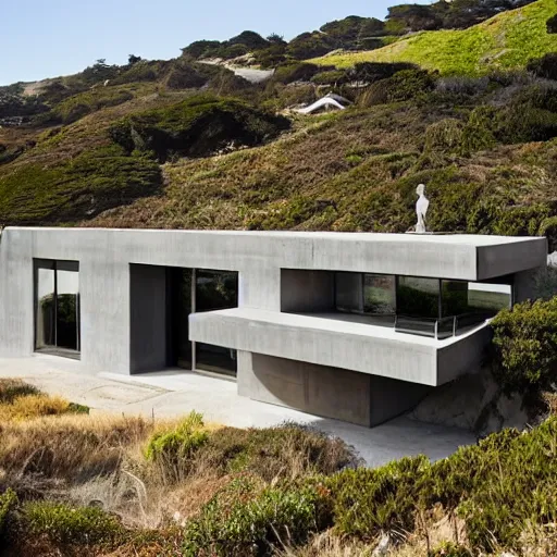 Prompt: a modern concrete house on the bluffs overlooking the ocean in big sur california
