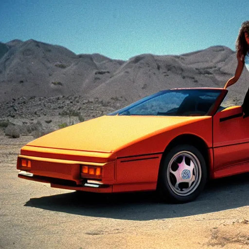 Image similar to 1 9 8 6 pontiac fiero, in the desert, film still, arriflex 3 5