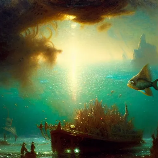 Image similar to point of view of deep in the ocean looking up, you see fishes, the milk way, night time, midnight, no sunlight. highly detailed painting by gaston bussiere, greg rutkowski 8 k