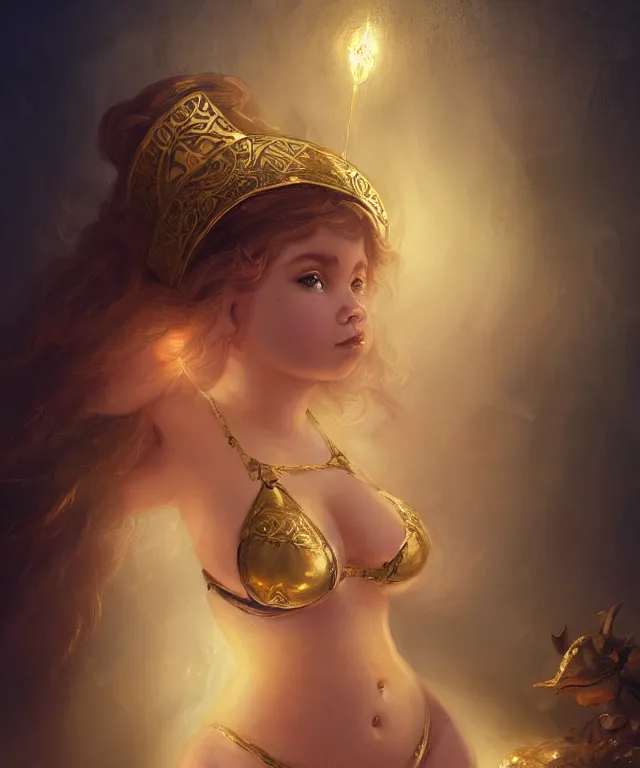 Prompt: cute friendly chubby dwarven princess wearing a bikini in gold hoard by charlie bowater and titian and artgerm, intricate, face, cavern, elegant, golden mist, beautiful, highly detailed, dramatic lighting, sharp focus, trending on artstation, artstationhd, artstationhq, unreal engine, 4 k, 8 k