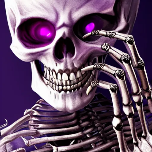 Image similar to a detailed portrait of a fancy skeleton with expressive features and metallic teeth, metal teeth, skeleton in a suit, purple glowing eyes, fantasy art, character, wizard, barbarian