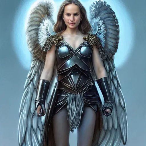 Image similar to portrait of Natalie Portman as a young aasimar angel valkyrie warrior girl maiden wearing comfy leather armor with beautiful feathered angel wings, blue eyes, beautiful face, Emily Ratajkowski, innocent, intricate, elegant, highly detailed, ultradetailed, hyperdetailed, artstation, concept art, smooth, sharp focus, illustration, art by artgerm and greg rutkowski and Rossdraws and Bluesssatan and Mandy Jurgens and alphonse mucha