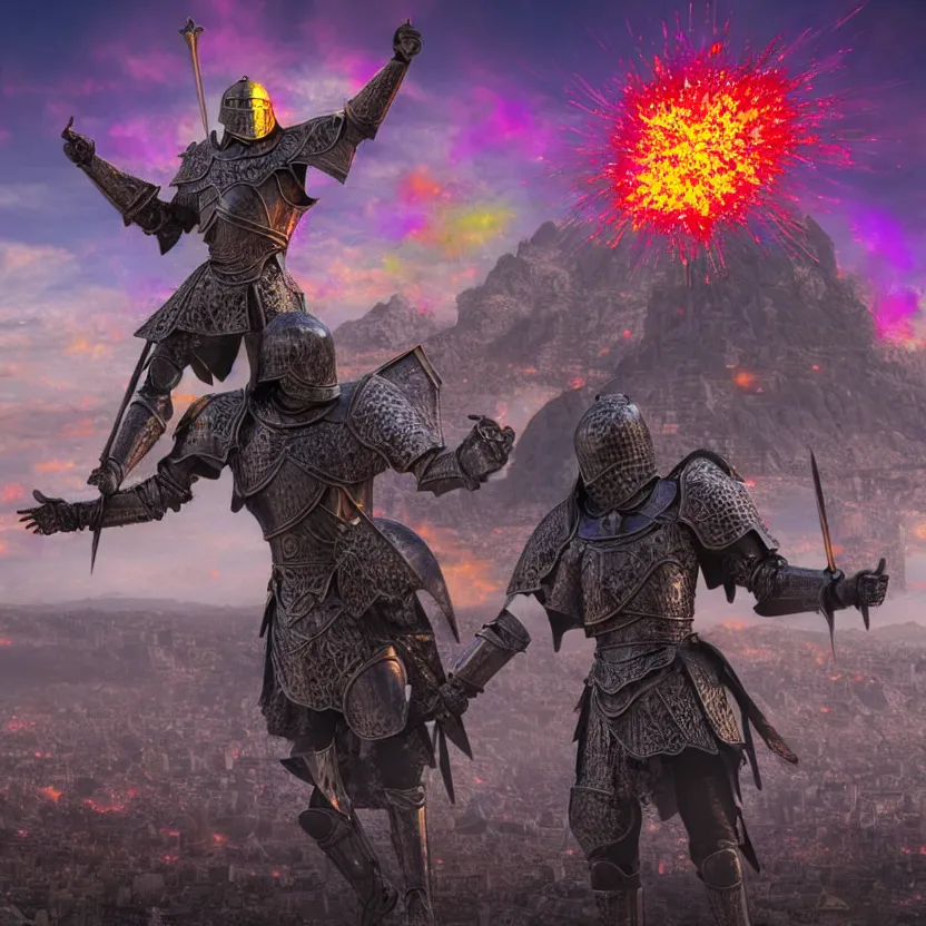 Prompt: hyper realistic matte painting of a medieval fantasy knight in a t - pose exploding into colorful metal shrapnel, octane render by alex grey