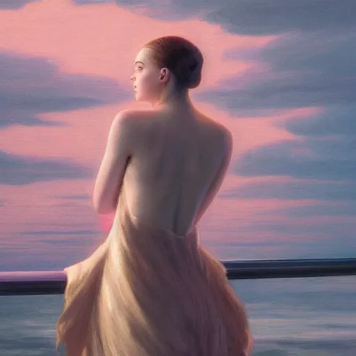 Prompt: silhouette of a Elle Fanning gazing out at the stormy ocean, extremely detailed masterpiece, oil on canvas, Blade Runner 2049, low-key neon lighting, artstation, by J. C. Leyendecker and Peter Paul Rubens,