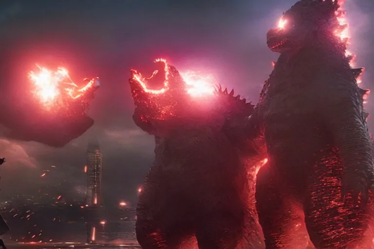 Image similar to two godzillas playing nintendo switch, cinematic, epic lighting, still shot from the new godzilla movie