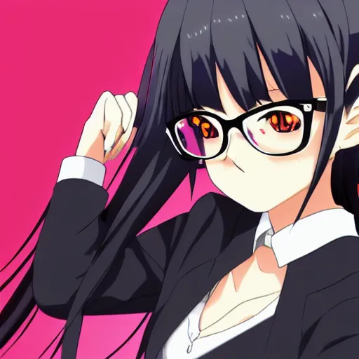 Prompt: Anime key visual of a girl with black hair and glasses , official media, trending on pixiv