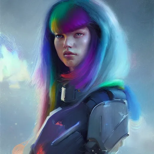 Prompt: girl with rainbow hair wearing futuristic space armor, official art, by jeremy lipking, by charlie bowater, photorealistic expressive oil painting, anime style, cgsociety, digital art