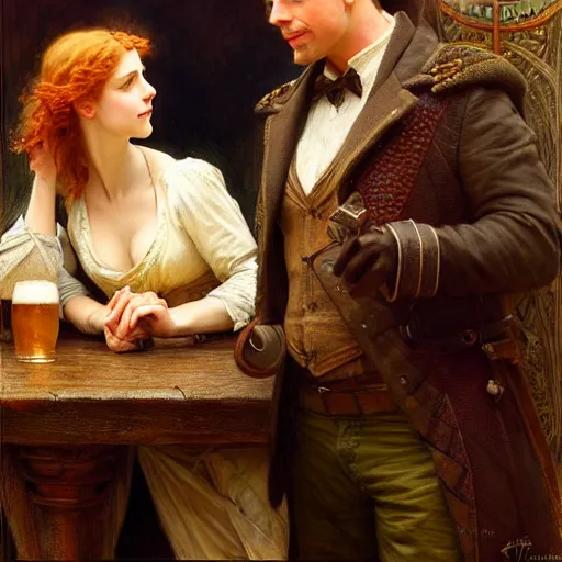 Prompt: attractive arthur pendragon and merlin go to a pub together to have some drinks. highly detailed painting by gaston bussiere, craig mullins, j. c. leyendecker, alphonse mucha 8 k