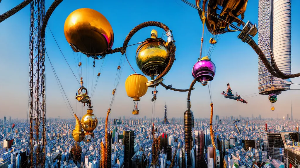 Image similar to large colorful futuristic space age metallic steampunk steam - powered balloons with pipework and electrical wiring around the outside, and people on rope swings underneath, flying high over the beautiful tokyo city landscape, professional photography, 8 0 mm telephoto lens, realistic, detailed, photorealistic, photojournalism