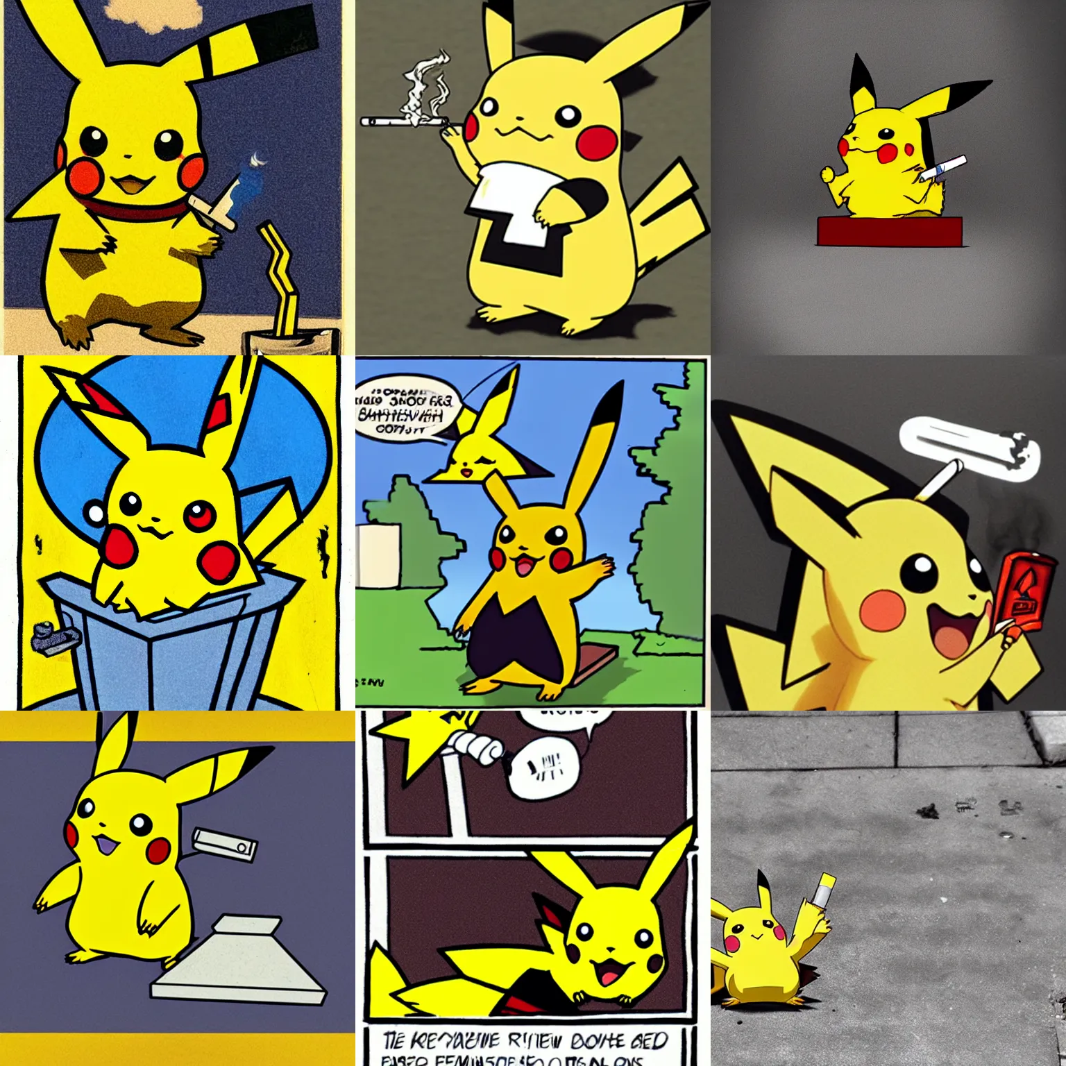 Prompt: pikachu working the grave shift smoking a cigarette