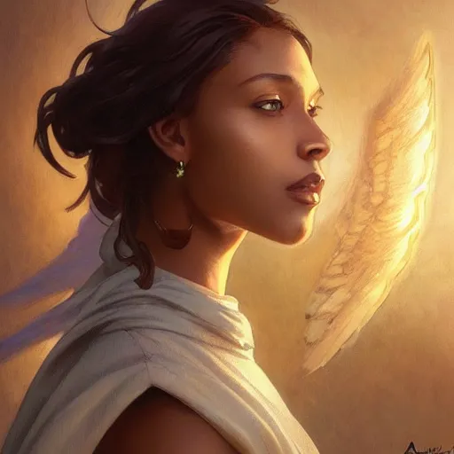 Prompt: a female angel of mercy, brown skinned, sumerian, D&D, highly detailed, digital painting, artstation, concept art, sharp focus, illustration, cinematic lighting, art by artgerm and greg rutkowski and alphonse mucha