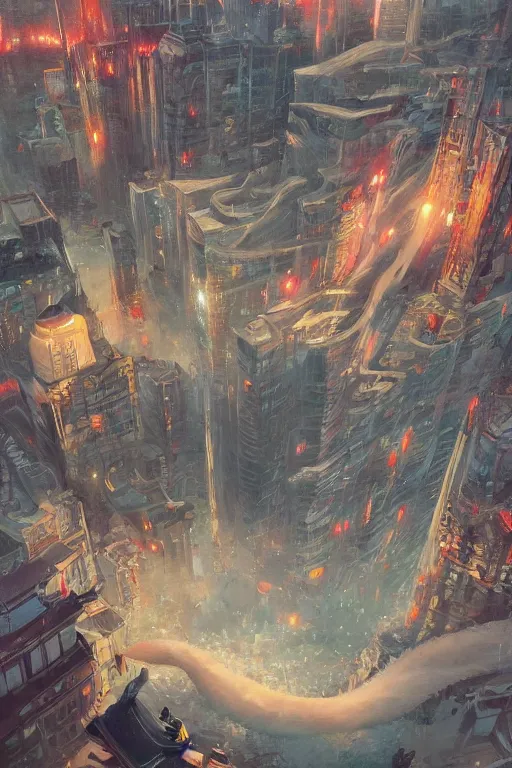 Image similar to A ultradetailed beautiful panting of a cup noodle monster attacking a city, Oil painting, by Ilya Kuvshinov, Greg Rutkowski and Makoto Shinkai