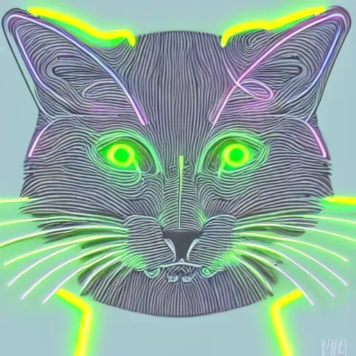 Image similar to a half robot cat wearing a hat, outlined by whirling illuminated neon lines, outrun, vaporware, shaded flat illustration, digital art, trending on artstation, highly detailed, fine detail, intricate