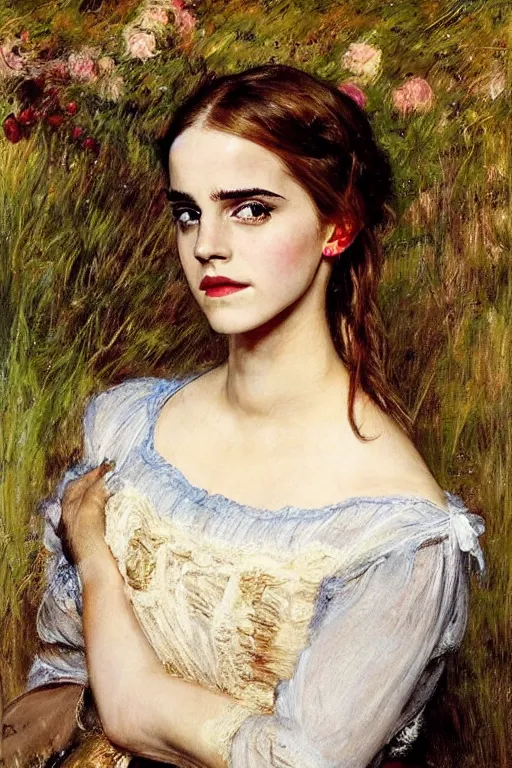 Image similar to a true-to-life portrait of Emma Watson painted by John Everett Millais, real-life accurate, photoshoot