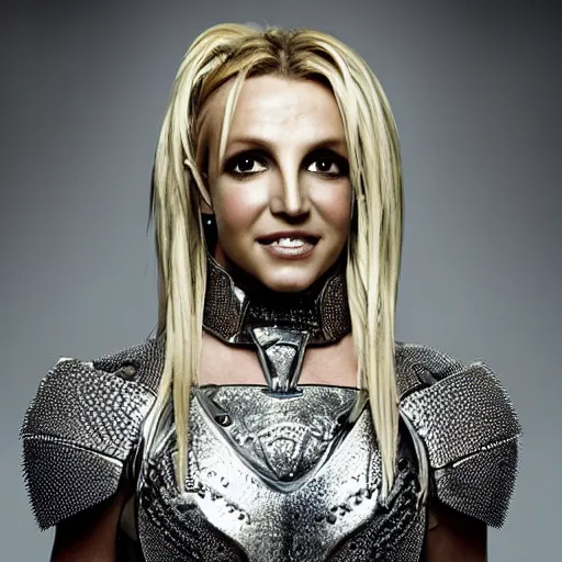 Image similar to professional head shot of britney spears wearing futuristic armor in a foggy and burning ruined white house room full of debris, 8 k, very intricate, very detailed,