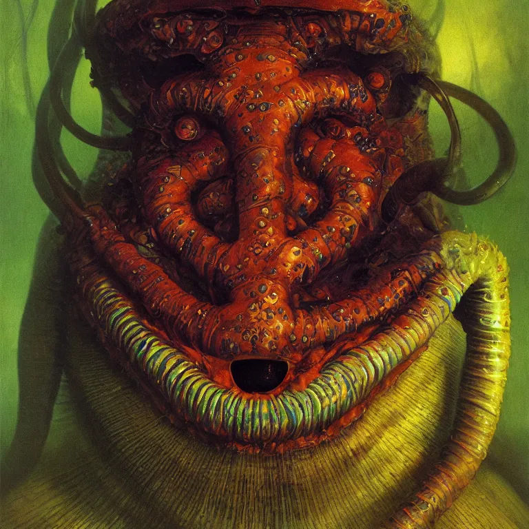 Image similar to Hyperrealistic intensely colored close up studio Photograph portrait of a deep sea bioluminescent Sting, symmetrical face realistic proportions eye contact, sitting in His throne underwater, award-winning portrait oil painting by Norman Rockwell and Zdzisław Beksiński vivid colors high contrast hyperrealism 8k