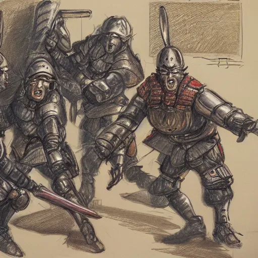 Image similar to highly detailed realistic sketch of The Hague members yelling at a cyborg samurai, fear and anger in their eyes, award winning , masterpiece on a scroll , post-processing