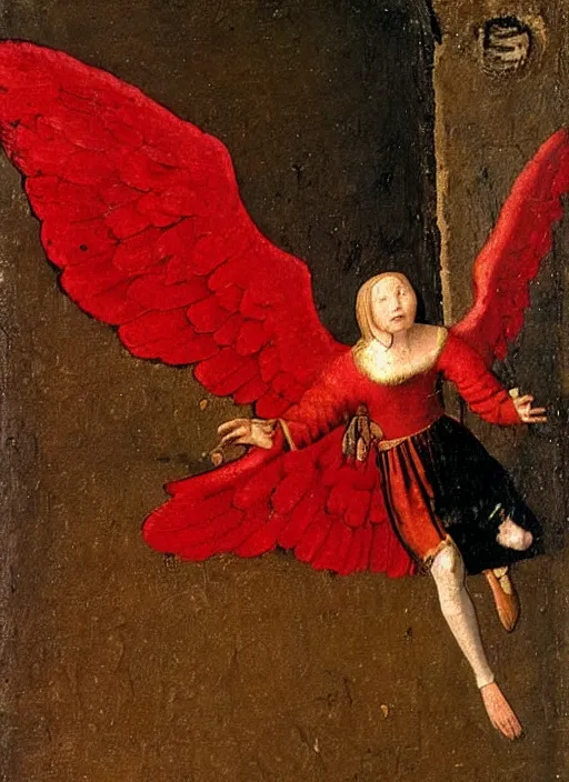 Image similar to Flying Fallen Angel with wings dressed in red, Medieval painting by Jan van Eyck, Johannes Vermeer, Florence