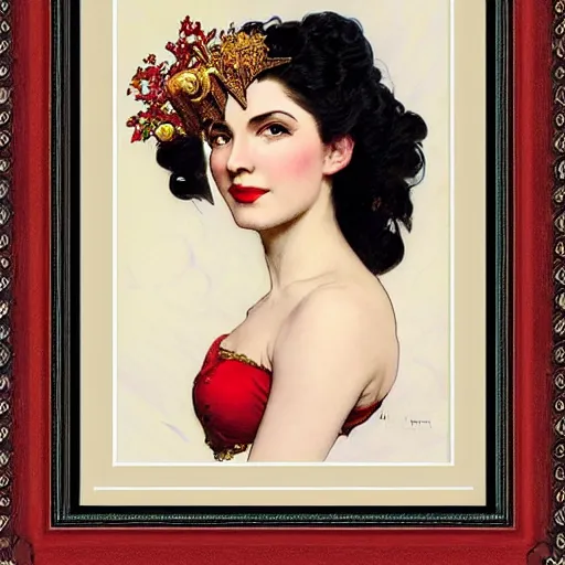 Prompt: portrait of a very beautiful royal fire woman, top half of body, metal crown on head, pensive expression, by Stanley Artgerm Lau, greg rutkowski, thomas kindkade, alphonse mucha, loish, norman rockwell, J. C. Leyendecker. dark black hair, pale skin, detailed eyes, red lips. framed by white flowers. Trending on artstation rule of thirds extremely detailed illustration hd 4k