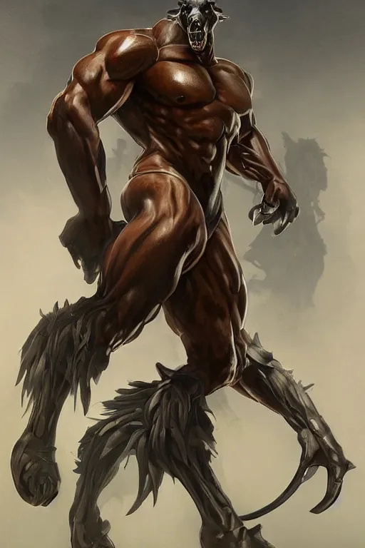 Image similar to splash art of a monstrously buff and muscular anthro horse male test subject at a research facility of experimental combat troopers, experimental tight bodysuit, full body, highly detailed, digital painting, trending on artstation, concept art, sharp smooth focus, illustration, art by artgerm and greg rutkowski and alphonse mucha