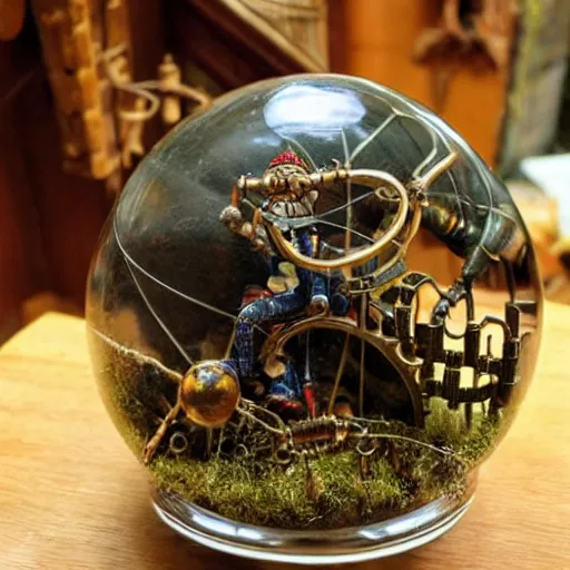 Prompt: a glass globe walking on mechanical spider legs, many rusty joints, a gnome peeking out, dnd,