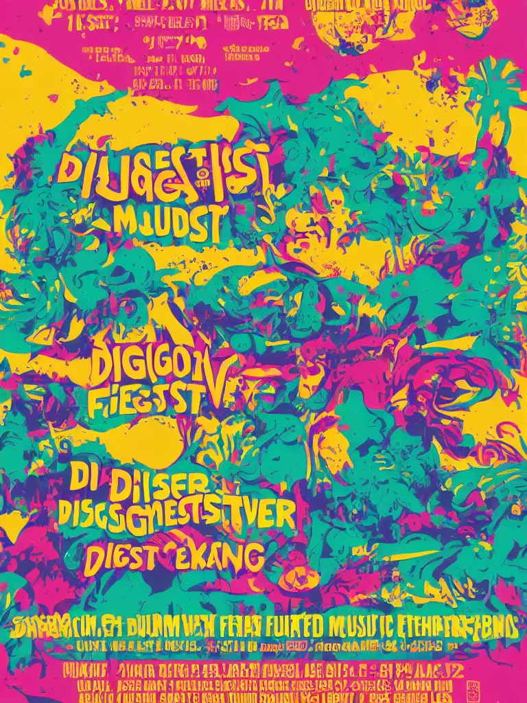 Image similar to poster for a music festival called diggerfest in the united kingdom, really good vibes, colorful, summer