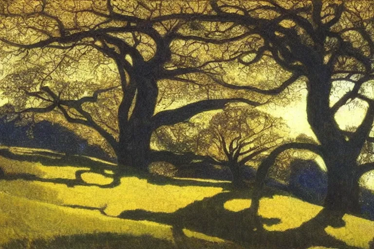 Image similar to masterpiece painting of oak trees on a hillside overlooking a creek, dramatic lighting, by jessie willcox smith