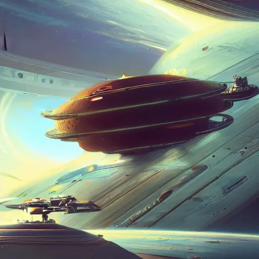 Prompt: from the distance of 1 0 0 0 yards a spaceship in spacedock around planet saturn. ladybug robots crawl on the ship fixing it. detailed, cgsociety, makoto shinkai, highly detailed, dramatic lighting, very coherent, greg rutkowski, jesper ejsing, james jean, justin gerard, tomasz alen kopera, trending on art station.