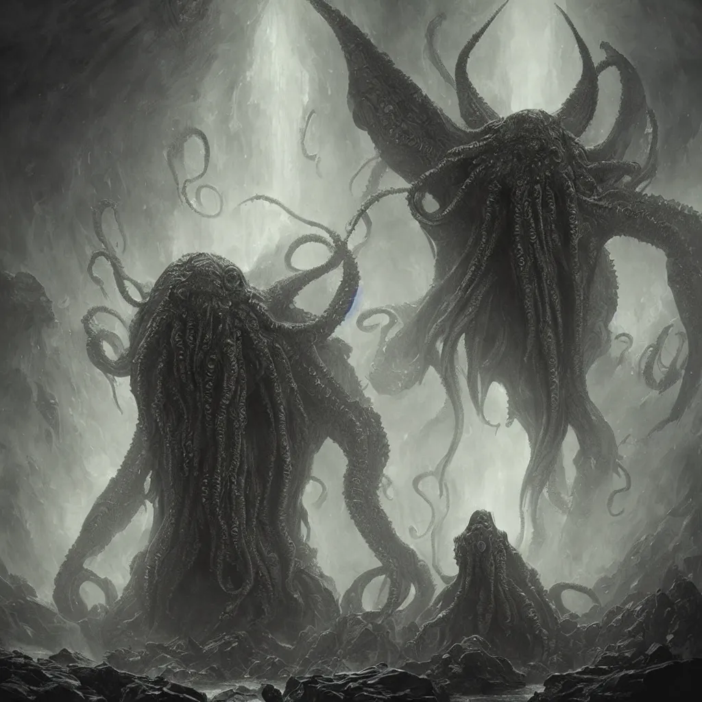 Prompt: human looking at big monstrosity portrait of cthulhu, hyperdetailed, artstation, cgsociety, by greg rutkowski, by gustave dore