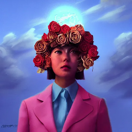 Prompt: closeup, giant rose flower under head, frontal, girl in a suit, surreal photography, sunrise, blue sky, dramatic light, impressionist painting, digital painting, artstation, simon stalenhag