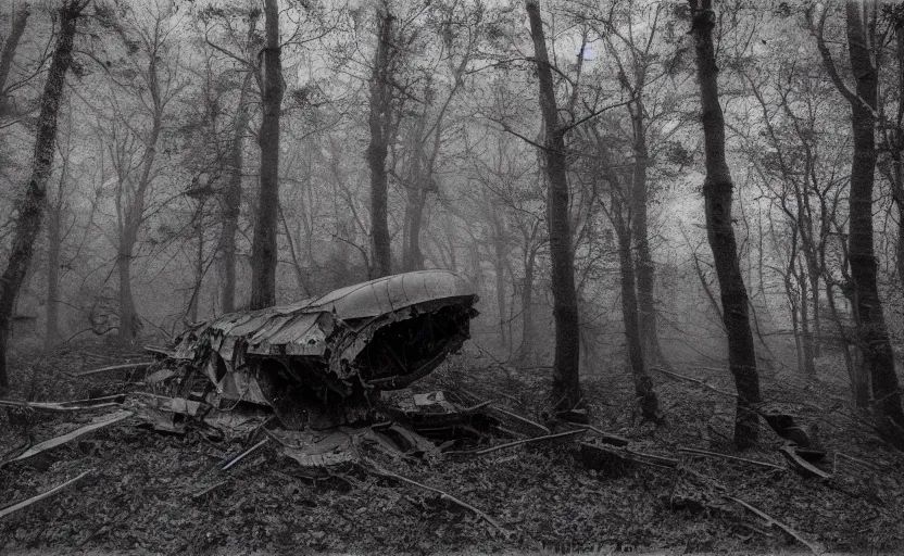Prompt: soviet satellite wreckage in the misty wood, pale light, pinhole camera effect, lomography effect, analogue photo quality, monochrome, blur, unfocus