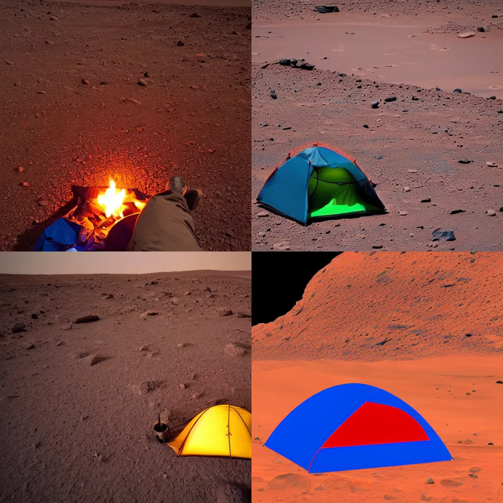 Prompt: a man is camping on the surface of Mars, it is night and there is a small campfire next to his sleeping bag
