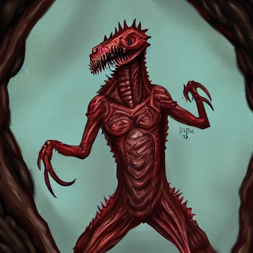 Image similar to big butcher anthropomorphic male lizardfolk posing scarily, scary angry pose, bloody, covered in blood, fresh kill, cleaver, in a cave, earie setting, lovecraft eldritch horror, hyperdetailed, furaffinity, anthro art
