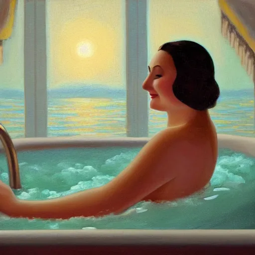 Prompt: realistic oil painting of young woman in a bathtub full of milk, smiling with her eyes closed as she washes herself, city lights from art deco window