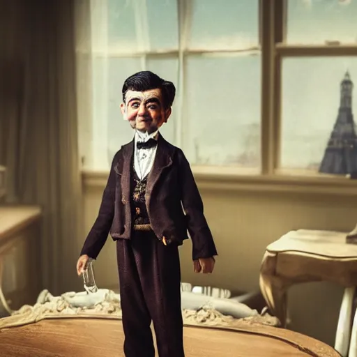 Prompt: A beautiful atmospheric photo of a beautiful Bjd doll of rowan atkinson as mr bean, wearing cute victorian costume, fantasy tea cup, intricate details, sharp focus, symmetrical composition, octane render, 8k, volumetric lighting