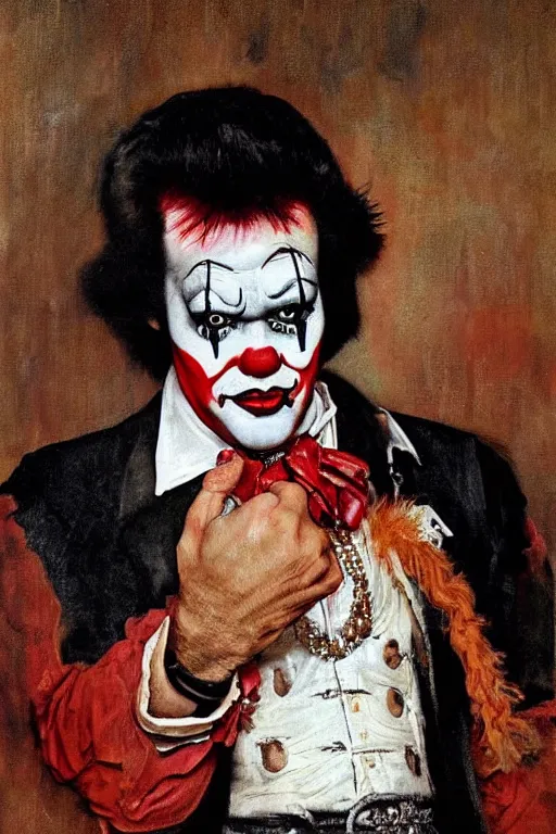 Prompt: a closer personal portrait of!!!!!! clownvis presley!!!!!! very charismatic. in the old ancient temple. masterpiece, dark. painted by norman rockwell and james gurney