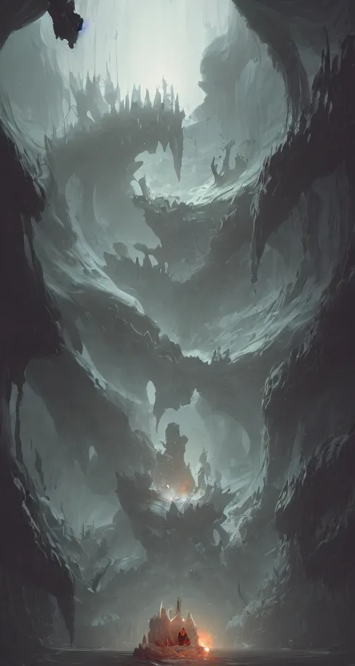 Prompt: cave with an entrance looks like a skull by peter mohrbacher and tsutomu nihei, trending on artstation,