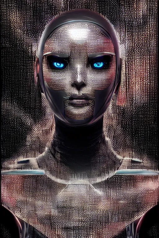 Prompt: chrome futuristic cyborg with a face made of pixels on a black screen for a head, diffuse lighting, fantasy, intricate, elegant, highly detailed, lifelike, photorealistic, digital painting, artstation, illustration, concept art, smooth, sharp focus, art by John Collier and Albert Aublet and Krenz Cushart and Artem Demura and Alphonse Mucha